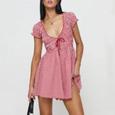 Y2k Gingham Playsuit Short Sleeve Smocked Babydoll Bodysuit Rompers Flowy A-Line Club Dress Retro Streetwear